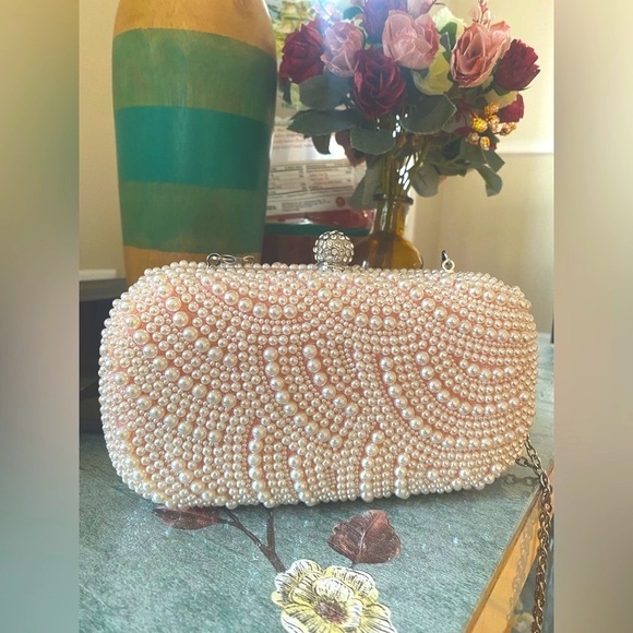 NWOT Baby Pink Pearl bag pink interior Steel shoulder strap Women’s bead… - Picture 3 of 8